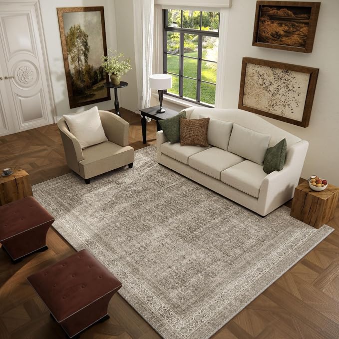 Washable Area Rugs for Living Room: 5x7 Bedroom Rug Boho Vintage Area Rug Stain Resistant Non Slip Low Pile Lightweight Soft Carpets for Dining Room Kitchen Nursery Kids Room Farmhouse