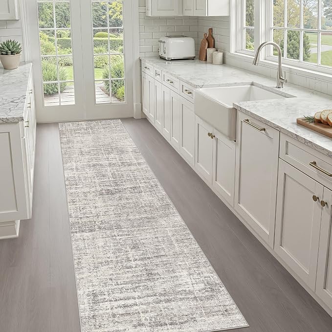 Runner Rug Non-Slip Kitchen Rug: 3x10 Washable Abstract Modern Soft Stain Resistant Indoor Floor Neutral Accent Throw Carpet for Hallway Bathroom Laundry Room Bedroom Entryway- Brown Gray