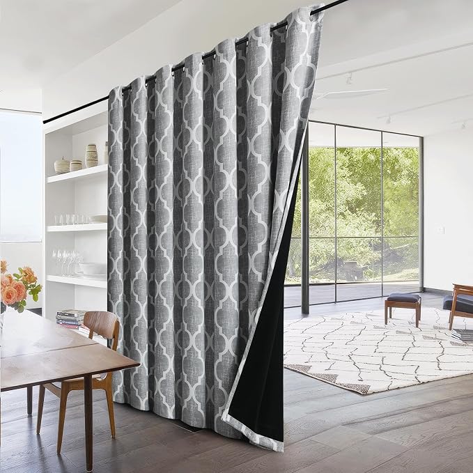 Beauoop Moroccan 100% Blackout Sliding Door Curtains Grey 100x84 1 Set | Geometric Room Darkening Patio Curtains Extra Wide Room Divider Drapes Thermal Soundproof Lattice Window treatment Grommet