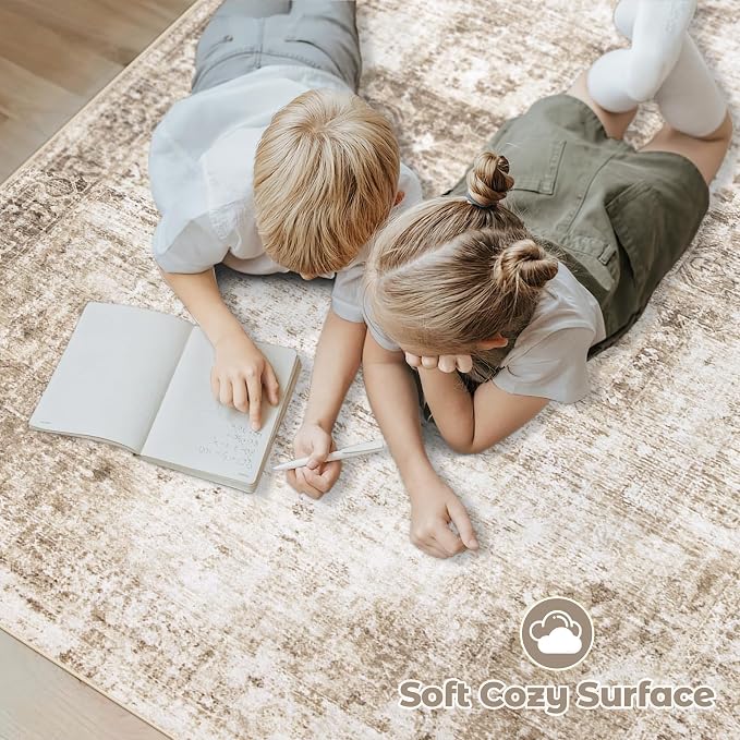 Area Rug 10x14 Washable Rug, Vintage Boho Medallion Rugs Non-Slip Soft Low Pile Large Distressed Rug Indoor Retro Carpet for Living Room Bedroom Dining Room Home Office (Brown, 10'x14')