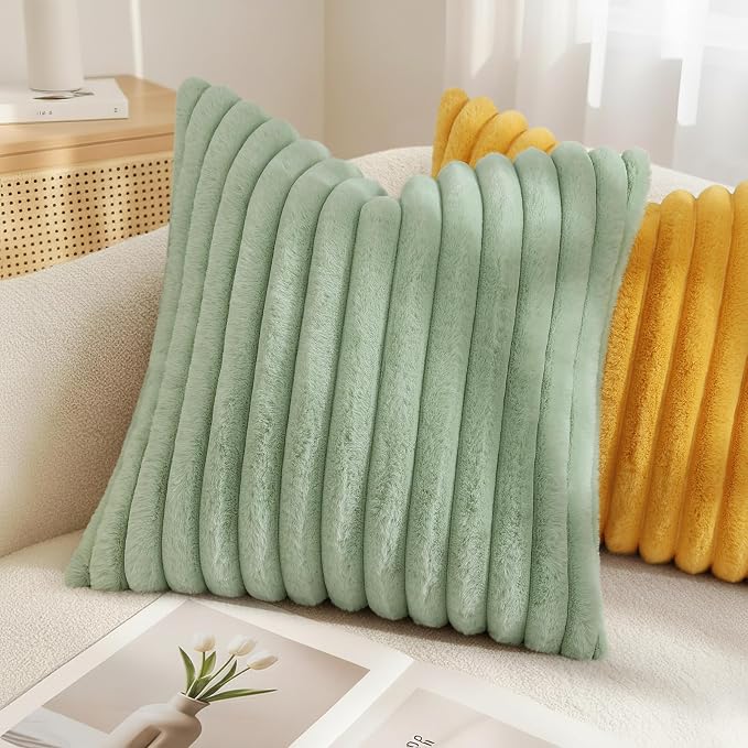 decorUhome Fall Faux Fur Throw Pillow Covers 16x16 Set of 2 Sage Green | Decorative Soft Cozy Striped Plush Modern Farmhouse Boho Couch Pillow Cases Velvet Back for Sofa Bed Living Room Home Decor