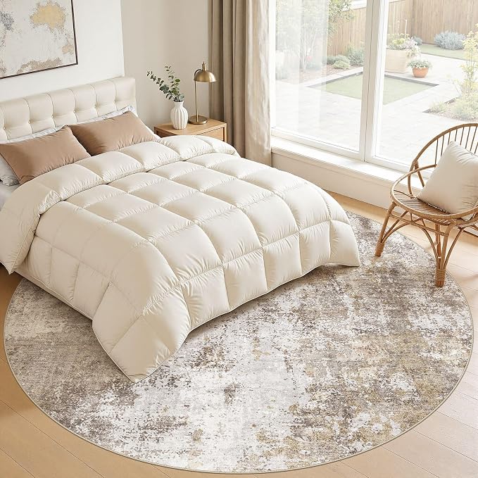 8ft Round Area Rugs for Living Room, 8x8 Washable Non Slip Soft Large Rugs for Bedroom Dining Room, Modern Abstract Low Pile Stain Resistant Carpet for Laundry Office Home Decor - Gold Brown