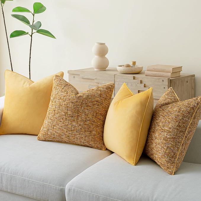 a moment Bright Yellow 4 Pack Throw Pillow Covers - Chenille & Velvet Set with Piping, Farmhouse Textured Design Pillow Cases for Couch Sofa Bed Livingroom (16x16 Inch, No Insert)