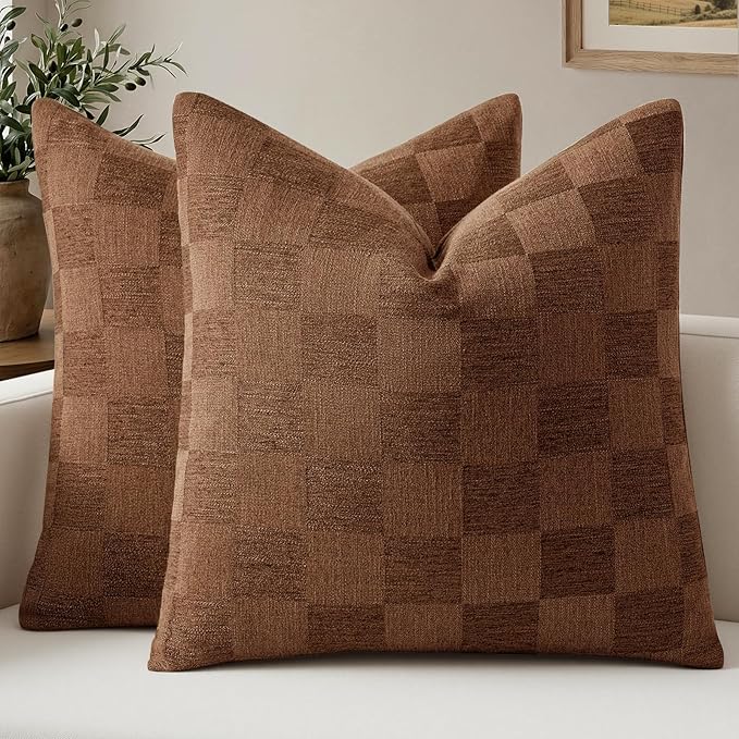 a moment Set of 2 Decorative Linen Throw Pillow Covers,Large Grid Textured Neutral Boho Farmhouse Cushion Covers,Soft Aesthetic Pillowcases for Couch Sofa Living Room Home Decor,20x20 Inch,Hazal