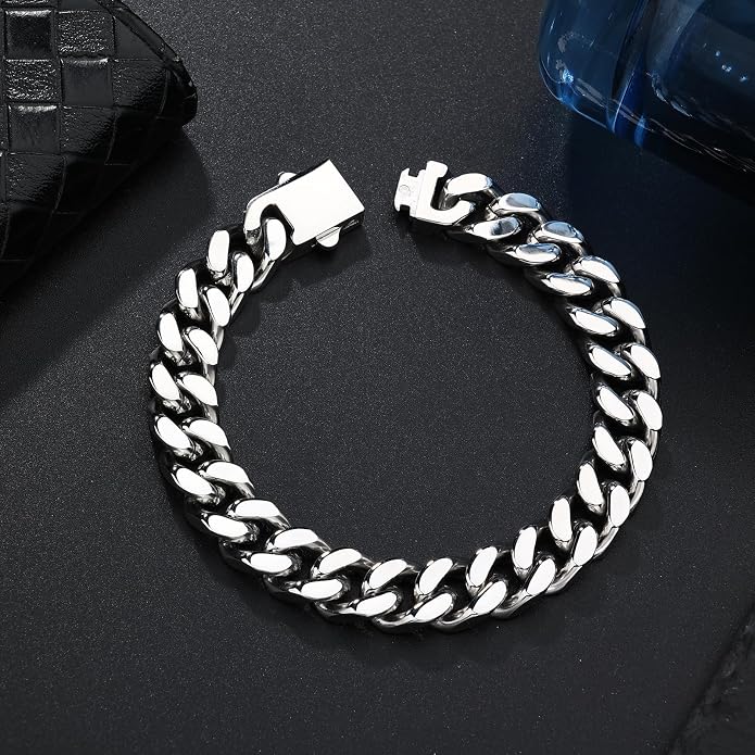 Stainless Steel Cuban Link Bracelet for Men - Gold/Silver Plated Miami Curb Chains Bracelet - Cuban Hand Chain Wrist Bracelet Hip Hop Jewelry, 9mm/11mm Width, 7.5"/8.3"/9"