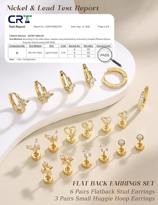 Kakonia Hypoallergenic Flat Back Earrings for Women Men Surgical Steel Earring for Sensitive Ears, 14K Gold Plated Stainless Steel Flatback Stud Hoop Cartilage Earring Stacks for Multiple Piercing