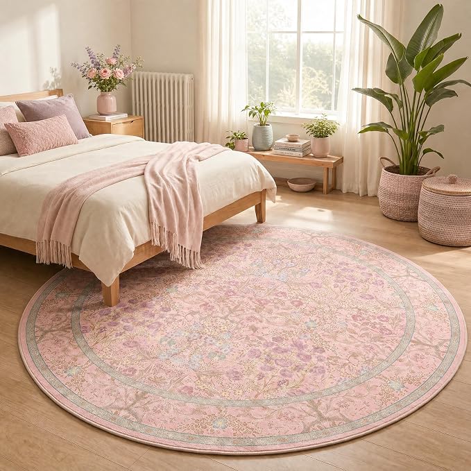 Lunasun Light Pink 5ft Round Rug for Living Room - Floral Circle Rug for Bedroom, Kids Room, Home Office, Washable Low Pile Non Slip, Pastel Green and Pink French Country Style Indoor Aesthetic Décor