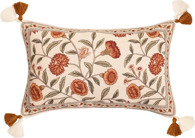 ISAENNE French Elegant Linen Rectangle Throw Pillow Cover,20"x12"-Albano A | Designer Vintage Pillow Cover,Concealed Zipper Design,Orange Floral Pattern,Sofa,Bedroom,Living Room,Lounge Chairs