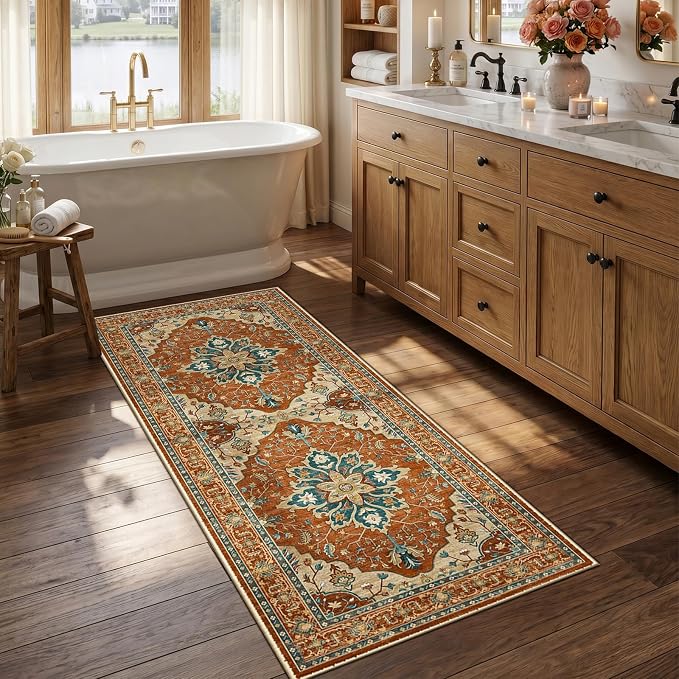 RELEANY Area Rugs Runner 2'6"x5' Washable Non-Slip, Floral Vintage Distress Medallion Carpet for Kitchen Hallway Bedroom Beside Laundry Room Bathroom, Red Orange Blue Brown