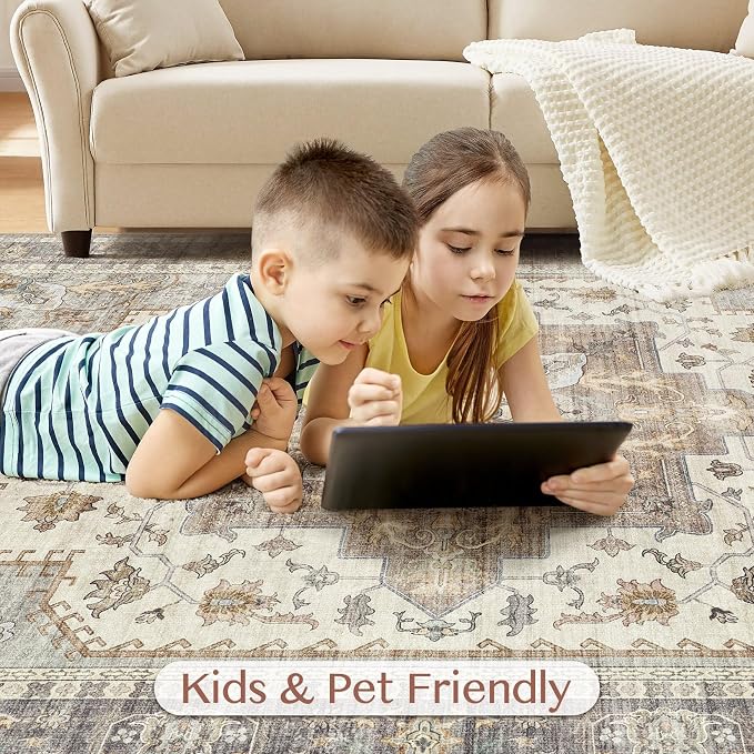 Tortania Area Rug Living Room Rugs - 10x12 Washable Boho Rug Vintage Oriental Distressed Farmhouse Large Thin Indoor Carpet for Living Room Bedroom Under Dining Table Home Office - Greige