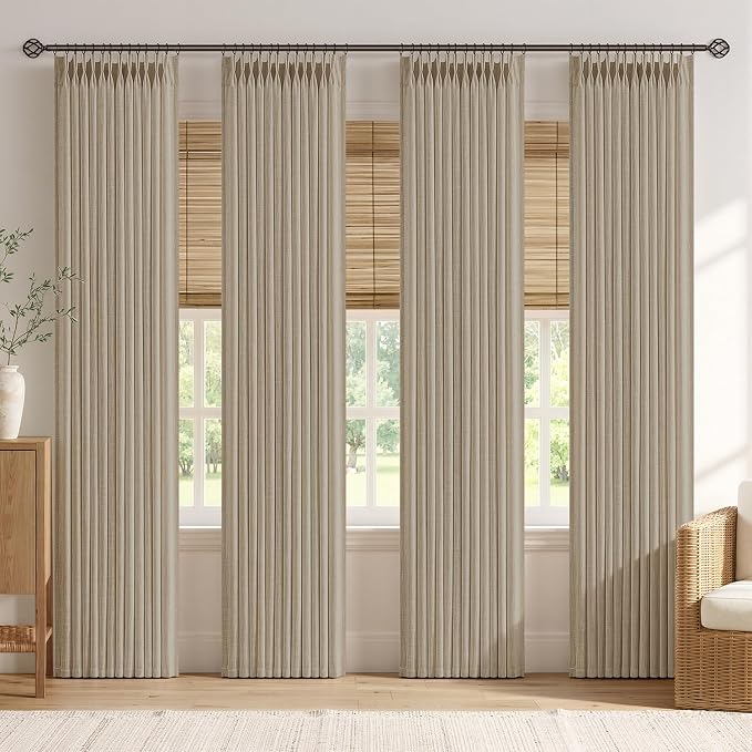 MIULEE 4 Panels Set Pinch Pleated Linen Curtains 102 Inches Long for Living Room Bedroom, Thick Linen Textured Drapes Pleat Memory Trained Light Filtering Grey Beige Window Curtains with Hooks