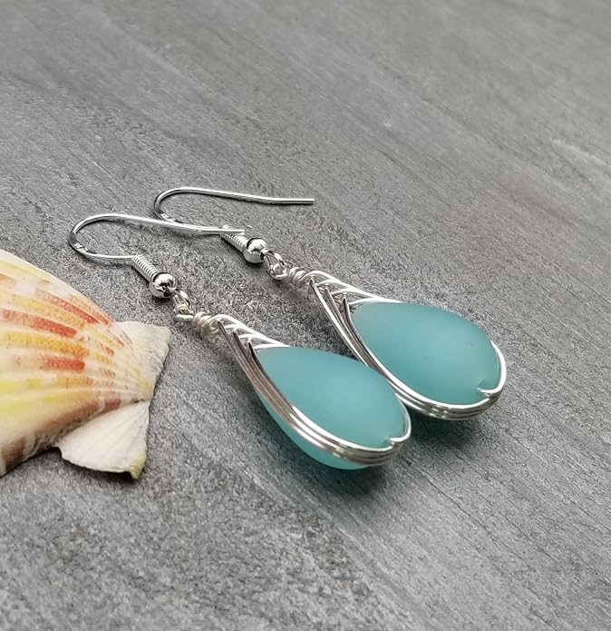 Handmade Sea Glass Earrings, Hawaiian Jewelry, Wire Braided Earrings Teardrop Earrings, Beach Jewelry Sea Glass Jewelry For Women Birthday Gift