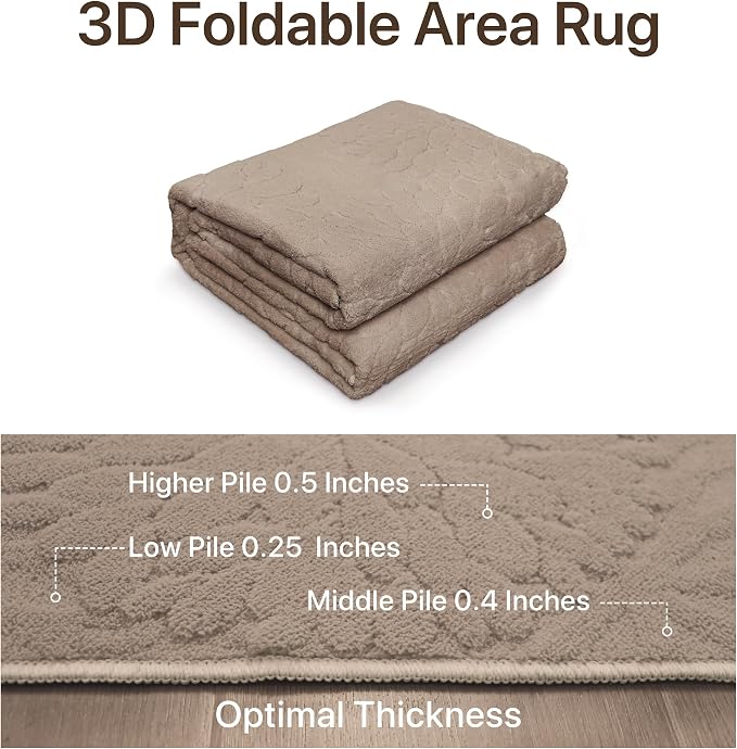GENIMO Soft Washable Area Rugs 4x6, 3D Modern Floral Rugs for Living Room, High-Low Pile Textured Non Slip Fuzzy Shag Carpet, Non-Shedding Stain Resistant Light Brown Rugs for Bedroom, Dining Room