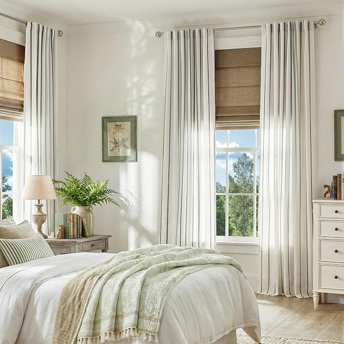 Vangao Striped Curtains Green on White Semi Sheer Curtains 96 Inches Long for Living Room Bedroom Modern Farmhouse Linen Textured Light Filtering Drapes 2 Panels Olive Green W50 x L96 Inch