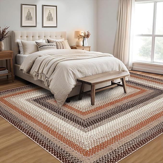 RUGSREAL 9x12 Braided Rug Washable Living Room Area Rug Modern Braid Printed Large Bedroom Rug Non Slip Dining Room Rug with Rubber Backing Farmhouse Accent Carpet for Home Decor Office, Brown/Rust