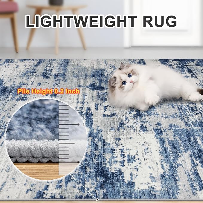 Area Rugs 10x14 Living Room - Washable Rug Modern Abstract Soft Large Neutral Non-Slip Carpet Indoor Floor Thin Carpets for Bedroom Dining Room Farmhouse Nursery Home Office Blue Gray
