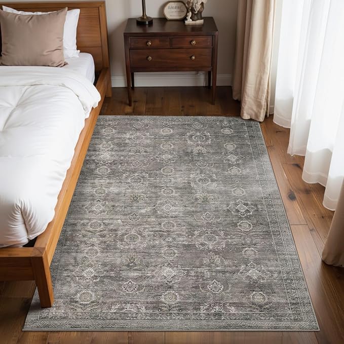 Rugxara 4x6 Area Rug for Living Room Bedroom Washable Rug, Taupe/Grey | Non Slip, Throw Rug for Entryway Dining Room Office Kids Room, Stain Resistant, Soft, Low Pile, Vintage Boho Retro Carpet
