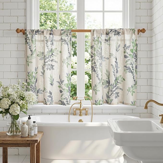 MYSKY HOME Linen Tier Patterned Curtains Over Sink 36 Inch Long Set of 2 Light Filtering Privacy Half Window Curtains with Rod Pocket for Kitchen, Cabinet, Basement, Camper, Green, 30" W Each Panel