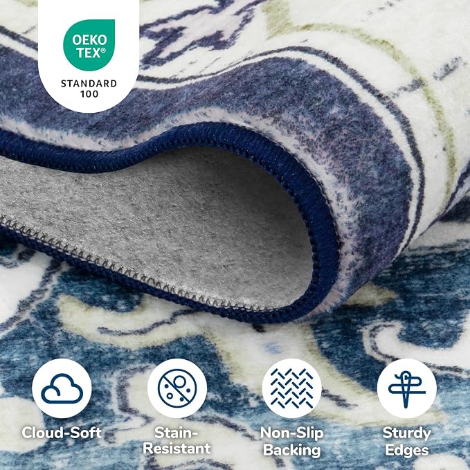 Lessymo 5x7 Area Rug for Living Room - Machine Washable Area Rugs, Super Soft Faux-Wool Area Rugs for Bedroom Kitchen, Boho Rug Vintage Floral Non-Slip Low Pile, Dark Blue