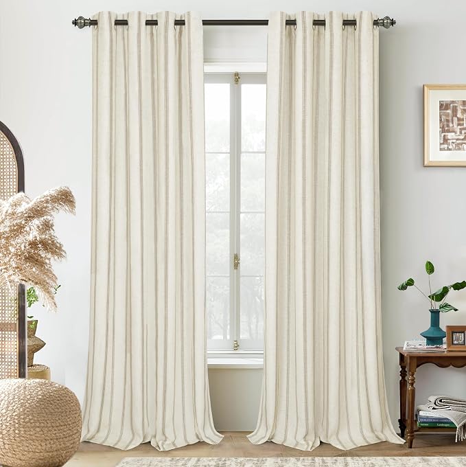 DriftAway Farmhouse Linen Stripe Blackout Curtains, Grommet, W52xL84, Beige | Blackout, Linen Texture, Stripe Pattern, Rod Pocket & Back Tab, Two Layers, Bedroom Living Room Use, Sound Reducing Design