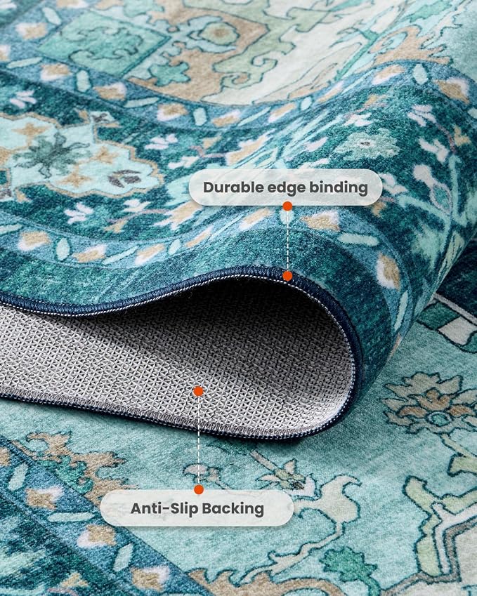 AMADA HOMEFURNISHING 9x12 Area Rug for Living Room, Vintage Washable Area Rug Low-Pile & Non-Slip Carpet for Bedroom Dining Room Nursery Home Office, Teal Blue