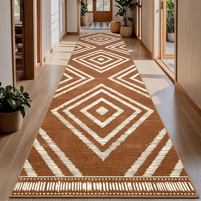 Boho Hallway Runner Rugs 2.6x14ft Non Slip, Long Brown Washable Entryway Rug Runners Non Shedding, Geometric Kitchen Floor Carpets for Doorway Entrance Farmhouse Living Room Home Decor
