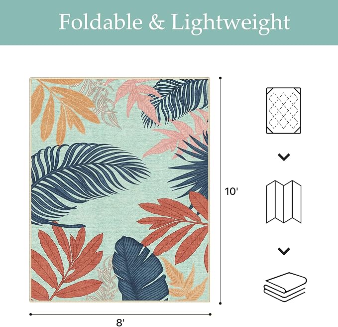 GENIMO 8x10 Outdoor Rug, Washable Quick Dry for Patio, Navy Sage | Botanical leaf design for backyard; fade resistant chenille with quick-dry non-slip backing for indoor living rooms.