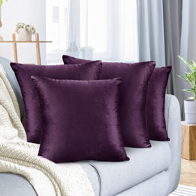 Nestl Throw Pillow Covers, Cozy Velvet Decorative Outdoor Pillow Covers 20X20 Inches, Soft Solid Cushion Covers for Sofa, Bed and Car, Set of 4 - Eggplant Purple