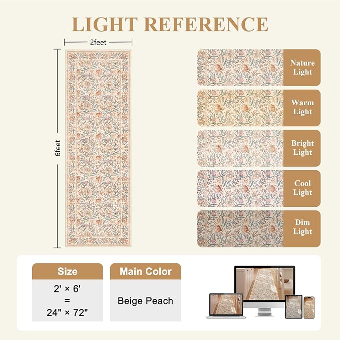 DUKINO 2x6 Runner Rug, Washable Vintage Floral Kitchen Rug, Beige | Non Slip, Low Pile, Non-Shedding, Stain Resistant Soft Carpet Runner for Hallway Bathroom Entryway Bedroom Laundry Farmhouse
