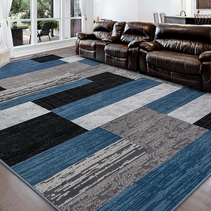 FlyDOIT Modern Geometric Patchwork Area Rug, 6x9 Blue Large Rugs for Living Room, Rockwood Collection Indoor Rugs for Bedroom, Throw Carpet Floor Decor for Entryway Dining Room Office Nursery