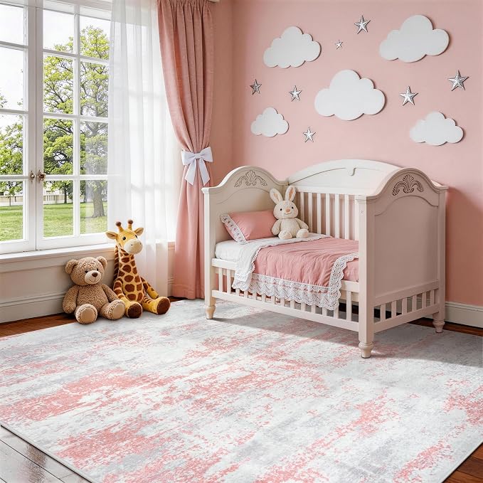 6x9 Area Rugs for Living Room Rug Washable: Abstract Rug for Dining Room Bedroom Carpet Non Slip 6 by 9 Indoor Modern Nursery Home Office Pink