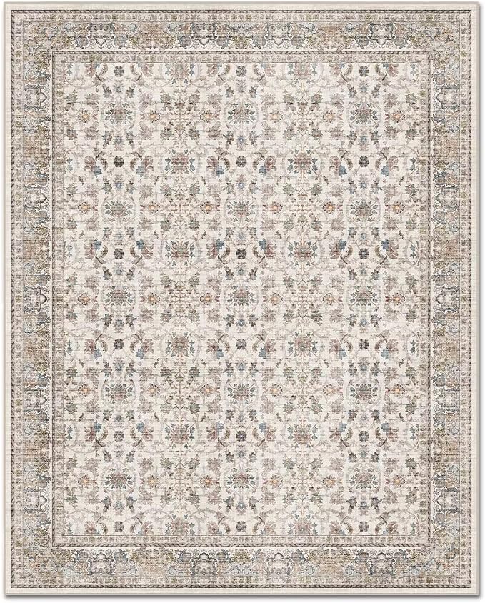 Boho Washable 8x10 Area Rugs for Living Room, Cushioned, Cream/Blue | Vintage Non-slip Neutral Oriental Rugs for Bedroom Dining Room Nursery Office High Traffic Area