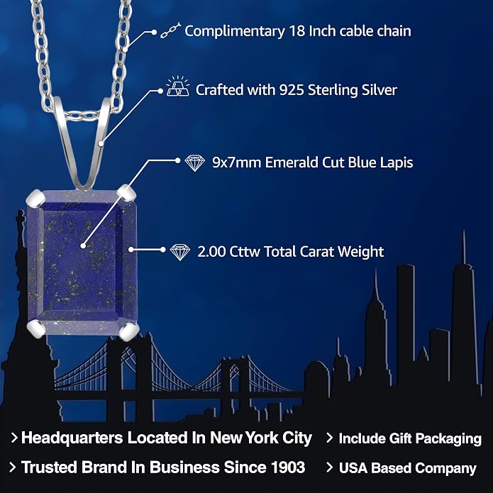 Gem Stone King Emerald Cut Pendant Necklace For Women | 925 Sterling Silver | Emerald Cut 9X7MM | Gemstone Birthstone | Fine Jewelry for Her Mom Wife | With 18 Inch Silver Chain