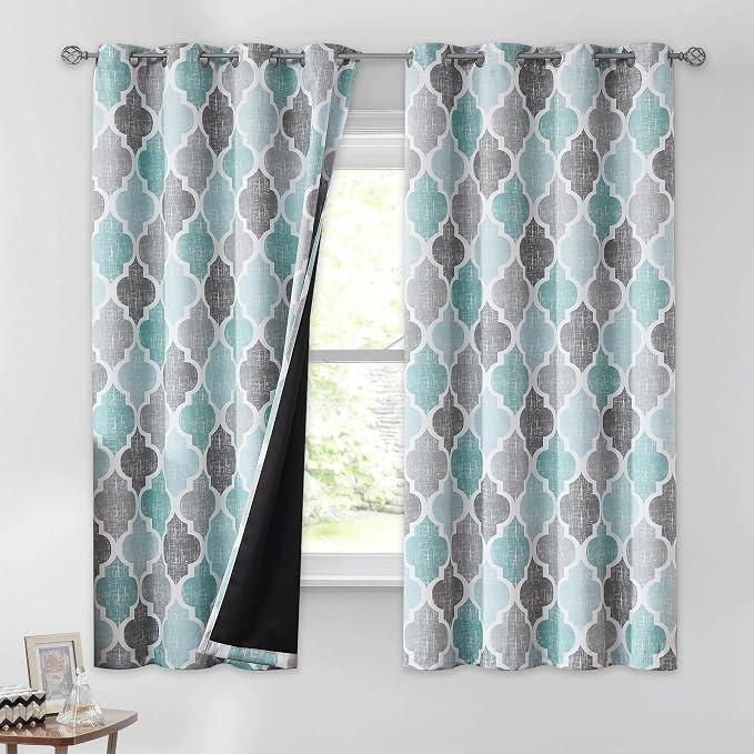 Beauoop Moroccan 100% Blackout Curtains Bedroom Aqua Grey 50x54 2 Panels | Geometric Room Darkening Drapes for Living Room 54 Inch Long Thermal Insulated Soundproof Lattice Window Treatment Grommet