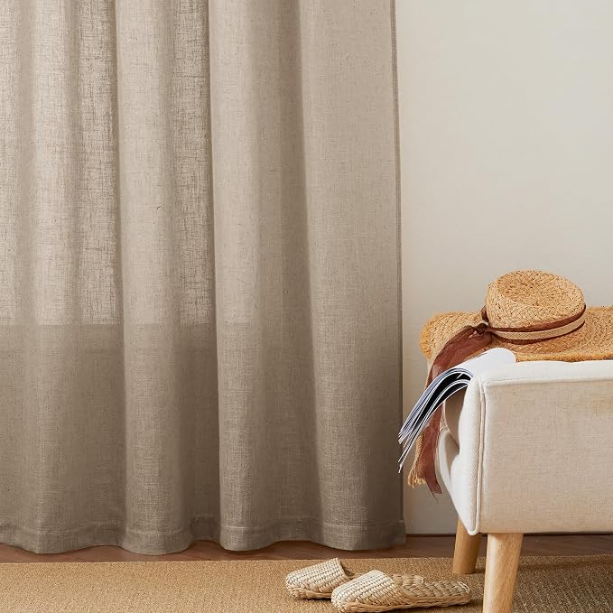 RYB HOME Long Linen Curtains 96 inches Long for Living Room, Light Airy Breathable Window Decor Linen Burlap 2 Panels Set for Laundry Room Home Office, W 70 x L 84 inches, Khaki, 2 Panels