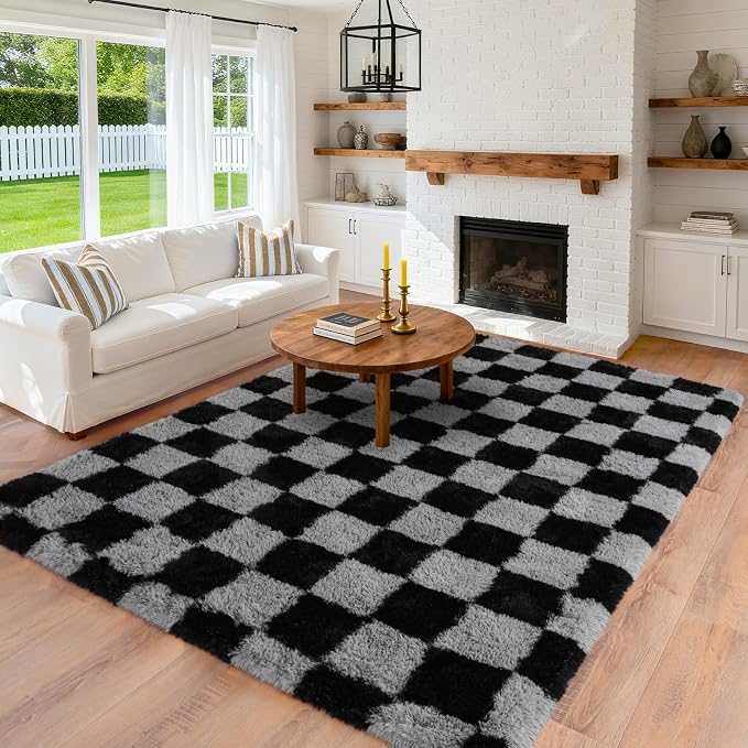 Pionblank Fluffy Area Rug for Bedroom 5x7, Modern Indoor Shag Carpet, Soft Plush Non Slip Checkered Rugs for Living Room Kids Room Home Decor, Black and Grey