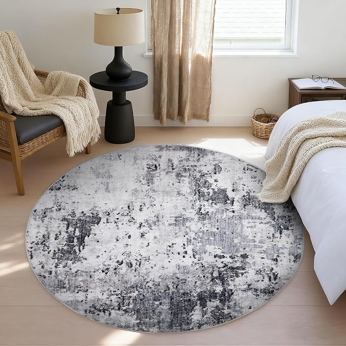 ROYHOME Modern Abstract 6x6 Round Area Rug Non Slip Non Shedding Rug Low Pile Stain Resistant for Bedroom Living Room Office Dining Room,Grey