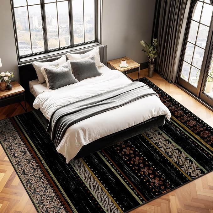 BESTSWEETIE 9x12 Area Rugs for Living Room Washable Moroccan Farmhouse Neutral Geometric Low Pile Non-Slip Soft Print Pattern Rug for Bedroom Kitchen Dining Room Entryway Black/Red/Brown/Cream/Yellow