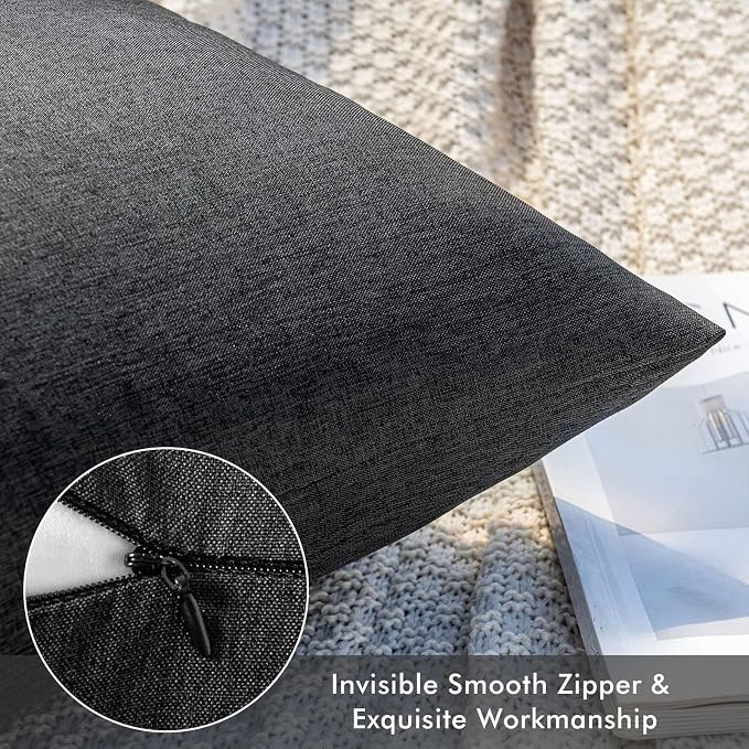 MIULEE Pack of 2 Decorative Outdoor Solid Waterproof Throw Pillow Covers Faux Linen Garden Farmhouse Cushion Cases for Halloween Tent Balcony Couch Sofa 20x12 Inch Black
