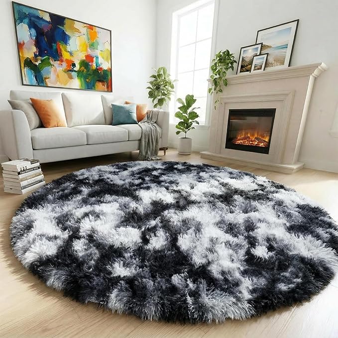 Amdrebio Black White Grey Round Rug 5Ft Circle Area Rugs for Living Room Bedroom, Fluffy Fuzzy Shaggy Furry Rugs for Kids Room Dorm Home Office, Shag Plush Floor Modern Cool Carpet for Men Teen Boys