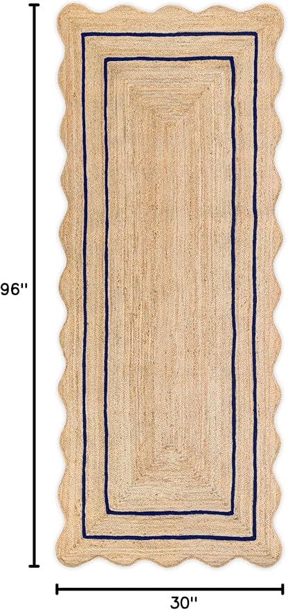 Wave Scalloped Natural Jute Runner Boho Jute Entryway Farmhouse Scallop Rug, Navy (2'6"x8')
