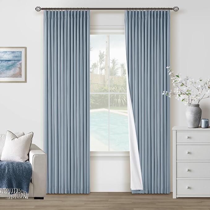 Dusty Blue Pinch Pleated 100% Blackout Linen Curtains 84 Inch Long 2 Panels | Room Darkening Black Out Window Curtains with Liner, Light Blue, for Living Room Bedroom, Pleat Back Tab with Hooks Rings