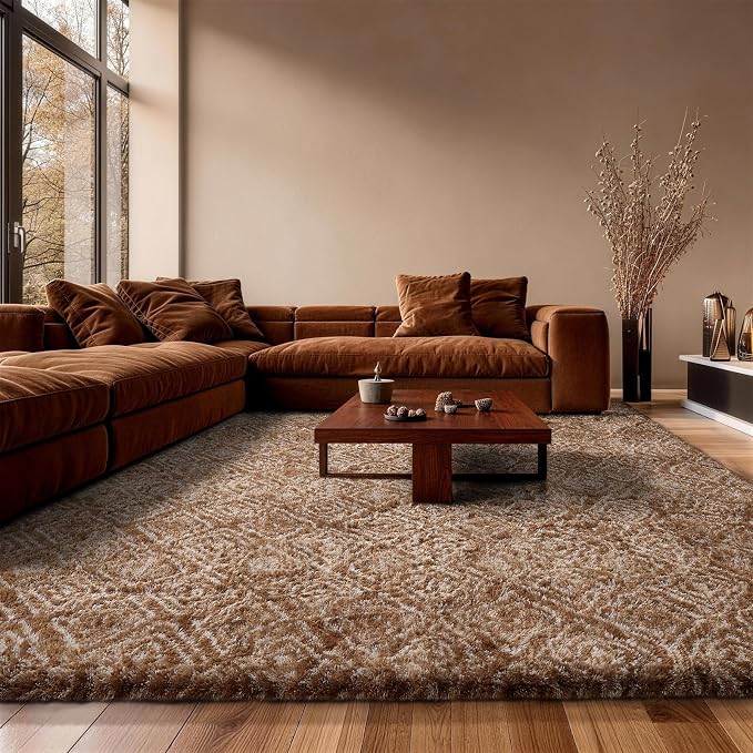 Ophanie 9x12 Brown and White Diamond Striped Rugs for Living Room,Large Fluffy Shag Fuzzy Plush Soft Carpets,Shaggy Rug for Bedroom,Carpet for Kids Boys Girls Dorm Decor with Over 99 pcs Pile fibers