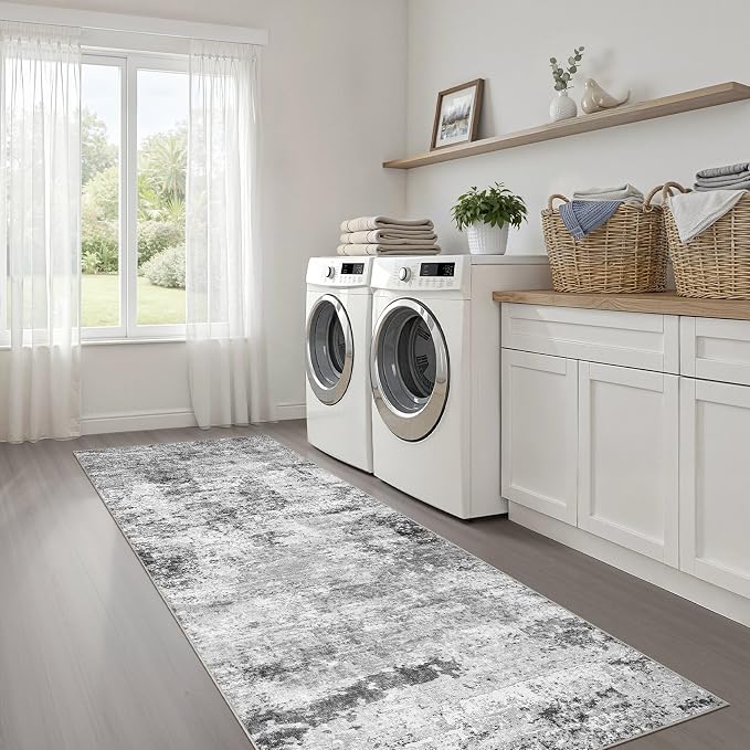 Runner Rug Non-Slip Kitchen Rug: 3x10 Washable Abstract Modern Soft Stain Resistant Indoor Floor Neutral Accent Throw Carpet for Hallway Bathroom Laundry Room Bedroom Entryway- Black Gray
