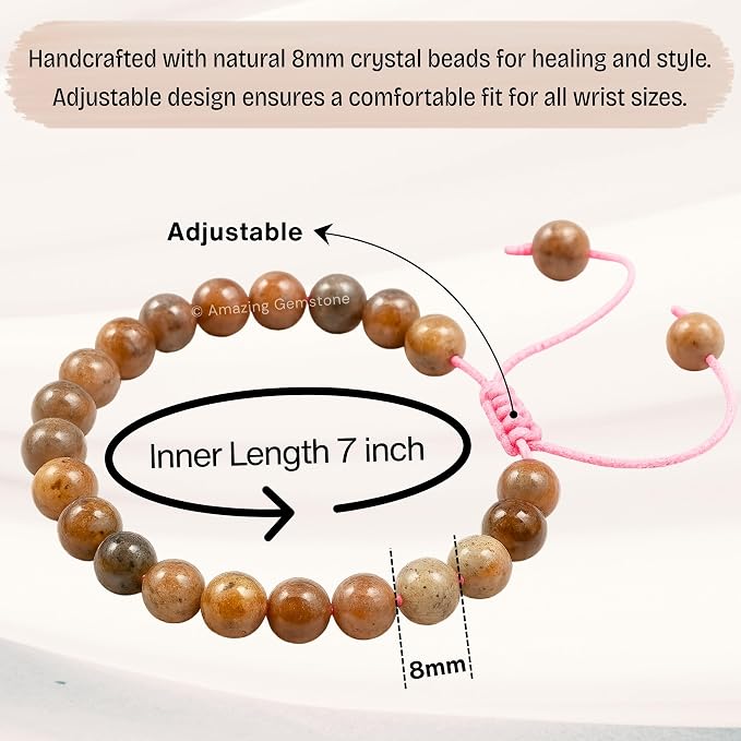 Amazing Gemstone Original Sunstone Bracelet for Women Men's Gifts - Protection Healing Crystal Bracelet - 8mm Beaded Adjustable Bracelet Pulseras para Hombres Mujer Stocking Stuffers