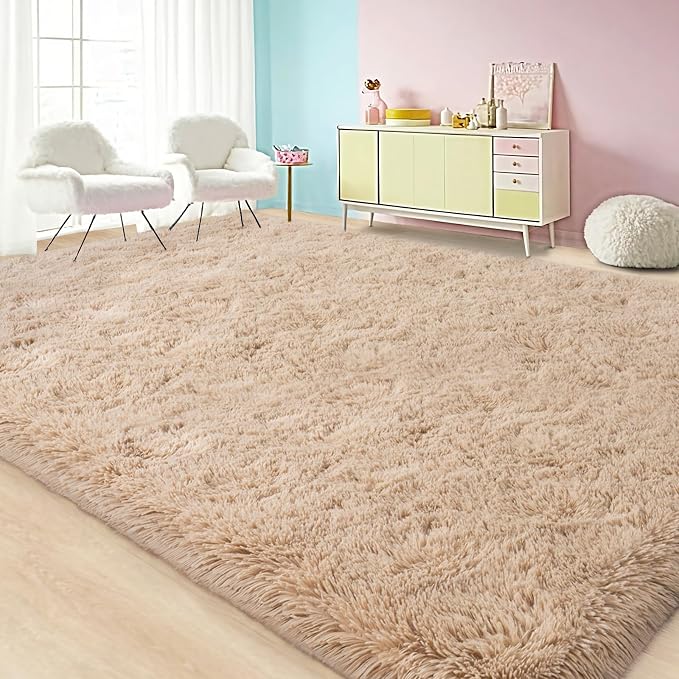 Large Area Rugs for Living Room Bedroom 8x10 Beige Fluffy Shag Rugs | Ultra Soft Shaggy Plush Fuzzy Modern Indoor Throw Floor Carpet for Kids Girls Boys Dorm Nursery Home Decor Aesthetic