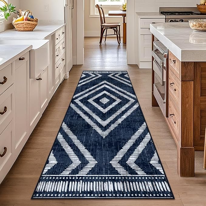 Boho Runner Rugs for Hallway 2x6ft Non Slip, Navy Blue Washable Kitchen Rug Runner, Soft Moroccan Low Pile Geometric Farmhouse Laundry Floor Carpet for Entryway Bedroom Bathroom