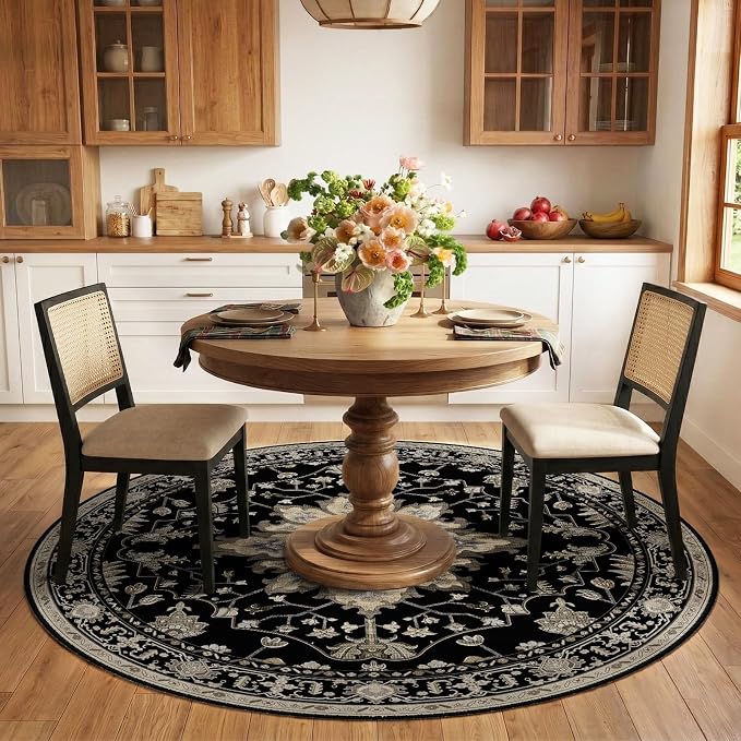 RELEANY Area Rugs Round 6ft Washable Non-Slip, Floral Vintage Distress Medallion Carpet for Living Room Bedroom Dining Room, Black Brown Neutral Dark Tan
