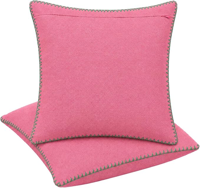 LFH Home Baby Pink Cotton Rich Throw Pillow Covers 18x18 Set of 2, Decorative Cushion Covers with Blanket Stitch Edge, Farmhouse Accent Pillow Cases for Sofa Couch Bed Living Room, 18 x 18 Inch