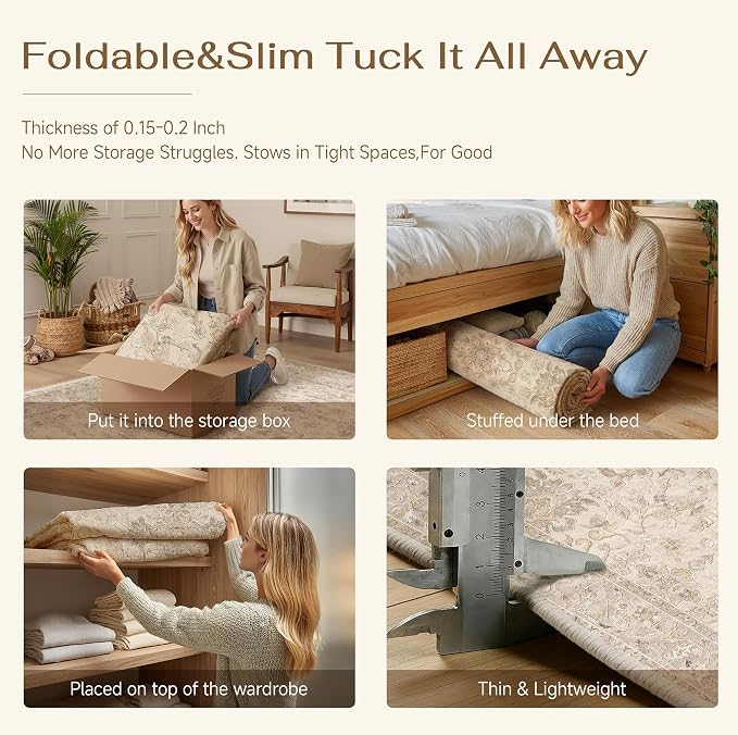 6x9 Beige Washable Area Rug Non Slip Vintage Carpet | Soft Low Pile, Lightweight Foldable, Pet Friendly, Living Room, Bedroom, Dining Room, Classroom, Playroom
